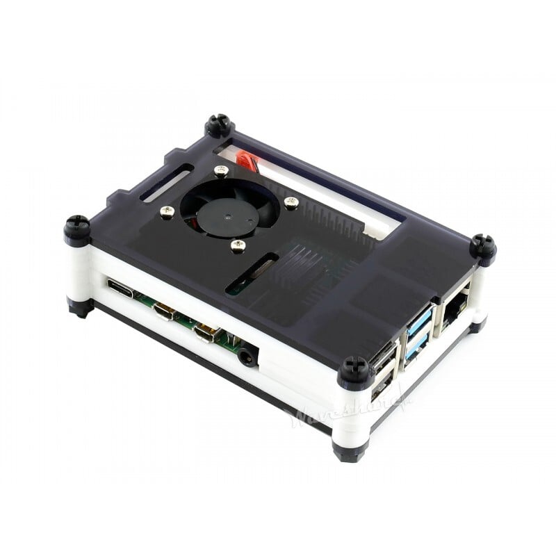 WaveShare Akrylæske til Raspberry Pi 4 med køleventil, sort/hvid