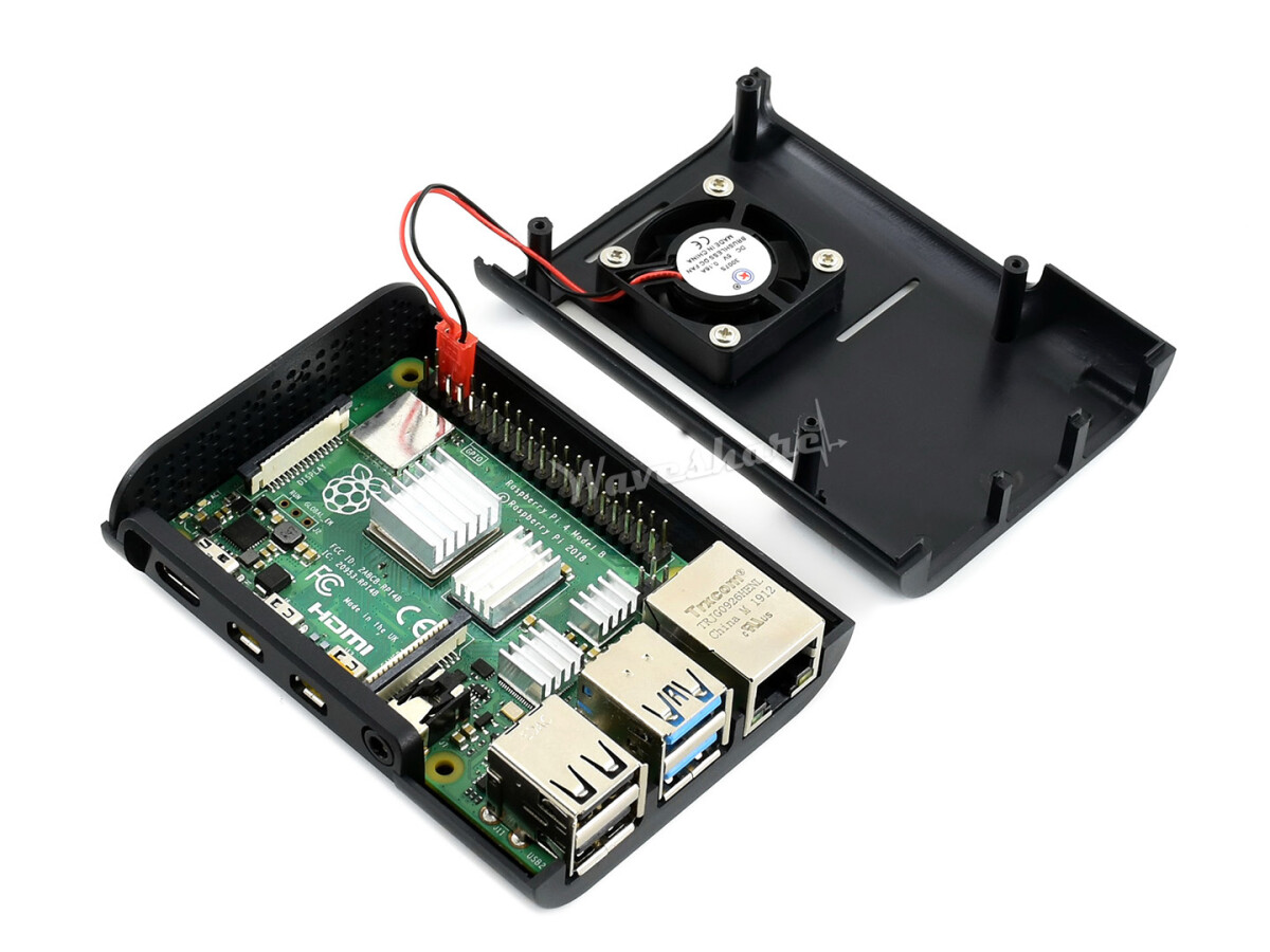 WaveShare Sort ABS-etui til Raspberry Pi 4 med køleventilator