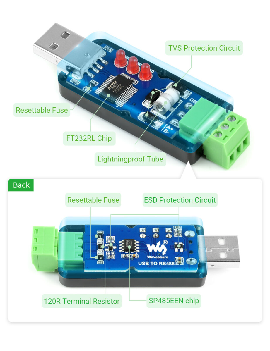 WaveShare Industri USB til RS485 Bi-direktionel Konverter (FT232RNL & SP485EEN)