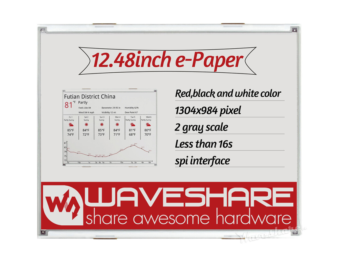 WaveShare 1304×984, 12,48 Zoll E-Ink rådisplay, rød/sort/hvid trefarvet