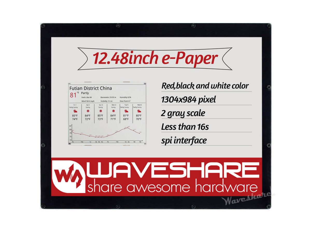 WaveShare 1304×984, 12,48 Zoll E-Ink displaymodul, rød/sort/hvid trefarvet