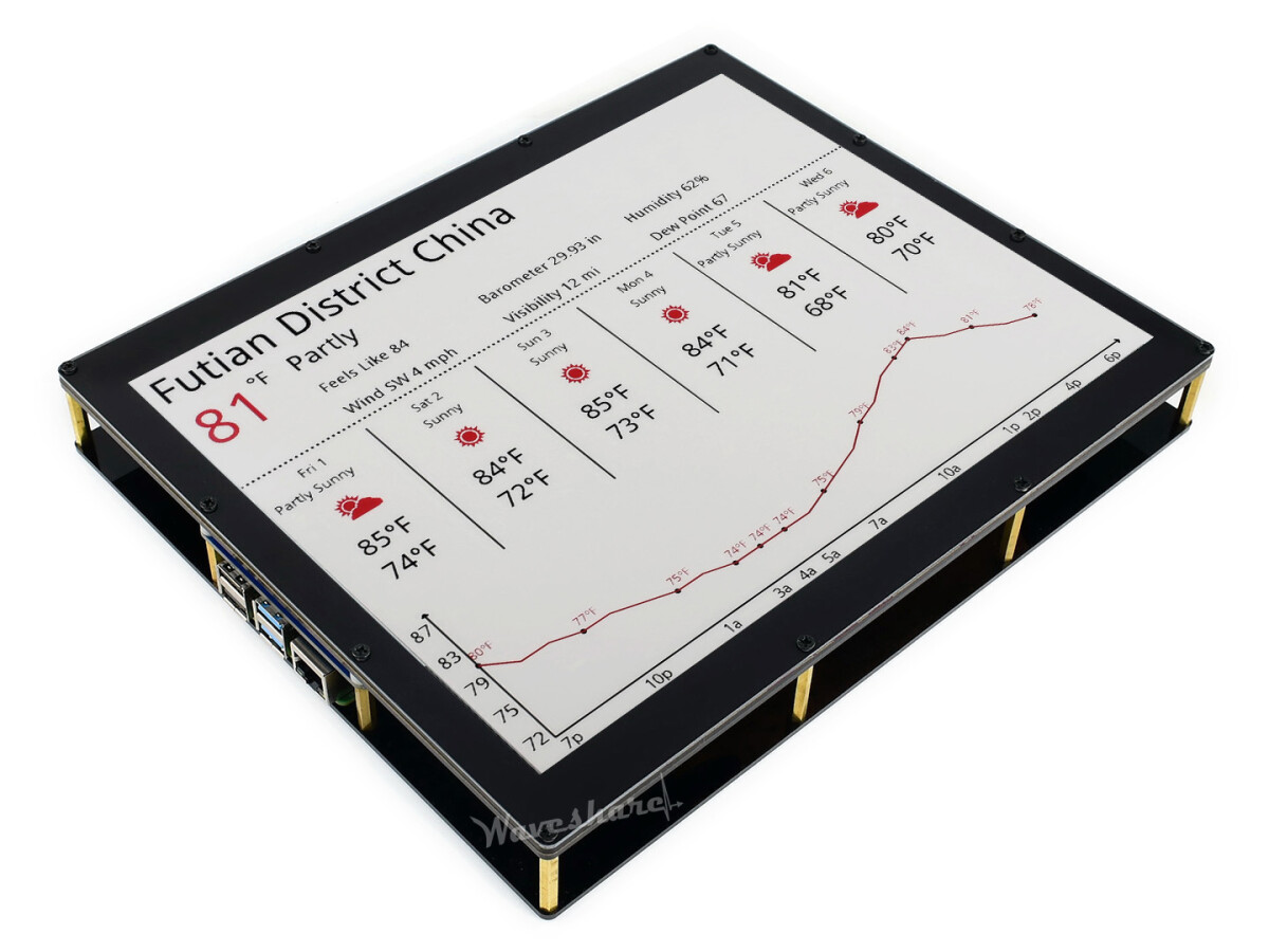 WaveShare 1304×984, 12,48 Zoll E-Ink displaymodul, rød/sort/hvid trefarvet