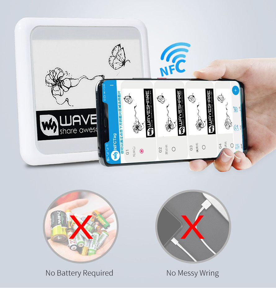 WaveShare 4,2 Zoll passivt NFC-drevet e-pap, trådløs strøm og datatransmission – ingen batteri kræves