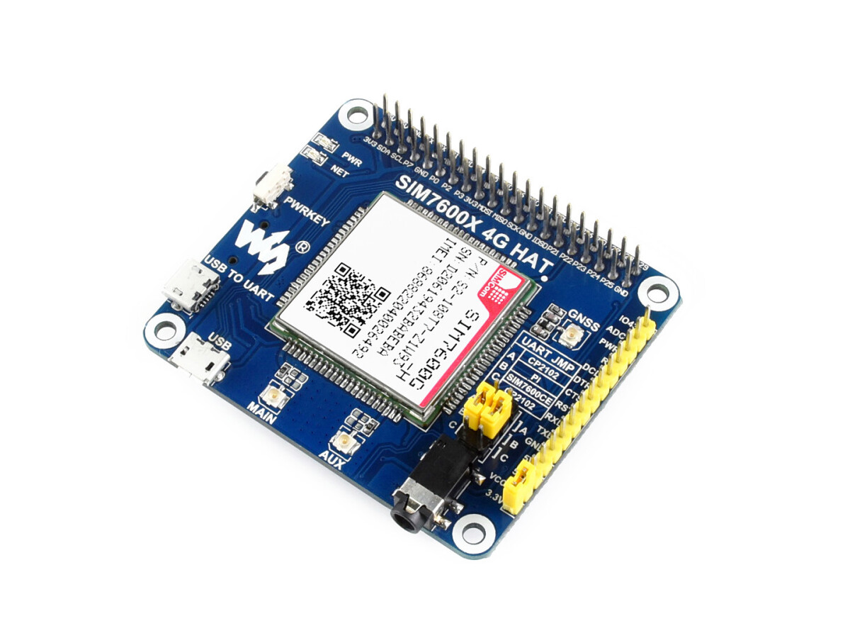 WaveShare 4G/3G/2G/GSM/GPRS/GNSS HAT til Raspberry Pi, LTE CAT4, Global Version