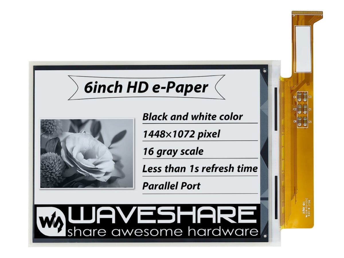 WaveShare 1448×1072 højopløsning, 6 tommer E-Ink rådisplay
