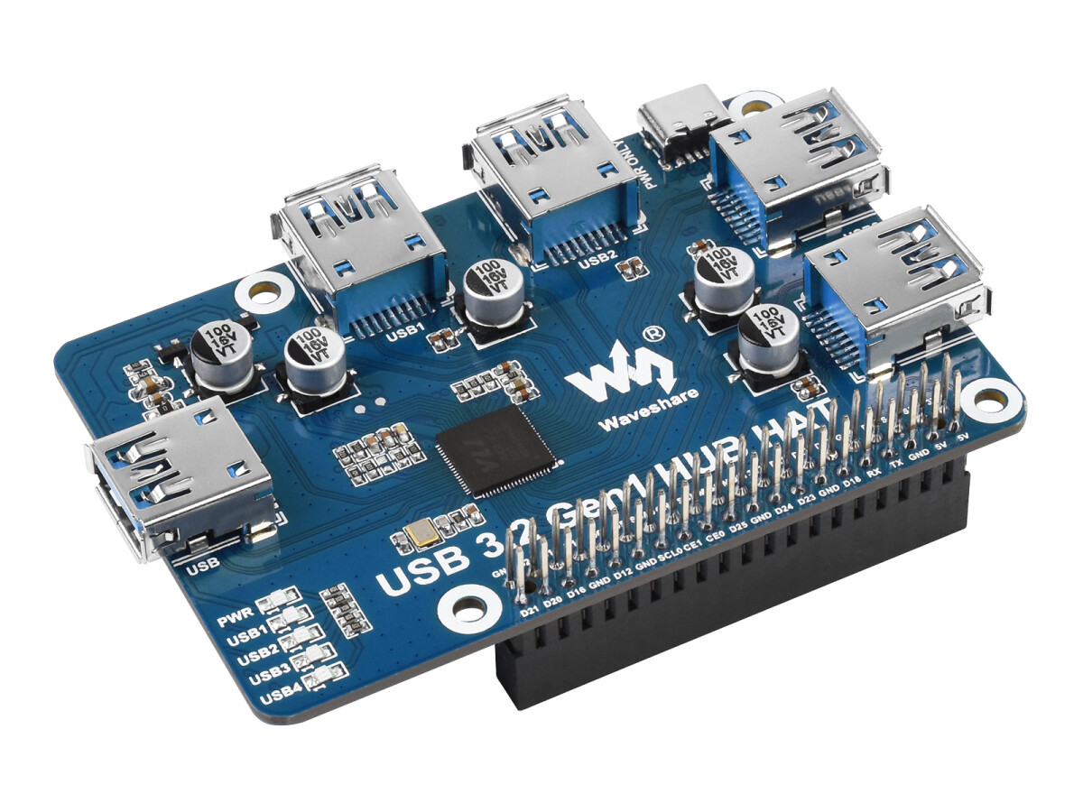 WaveShare USB 3.2 Gen1 HUB HAT til Raspberry Pi med 4x USB-porte, uden driver