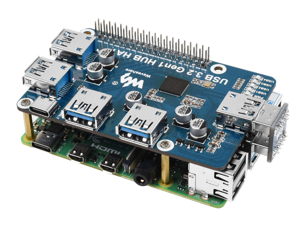WaveShare USB 3.2 Gen1 HUB HAT til Raspberry Pi med 4x USB-porte, uden driver
