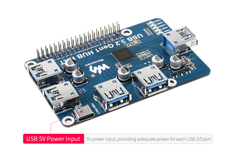 WaveShare USB 3.2 Gen1 HUB HAT til Raspberry Pi med 4x USB-porte, uden driver