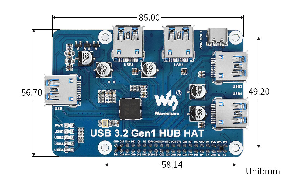 WaveShare USB 3.2 Gen1 HUB HAT til Raspberry Pi med 4x USB-porte, uden driver