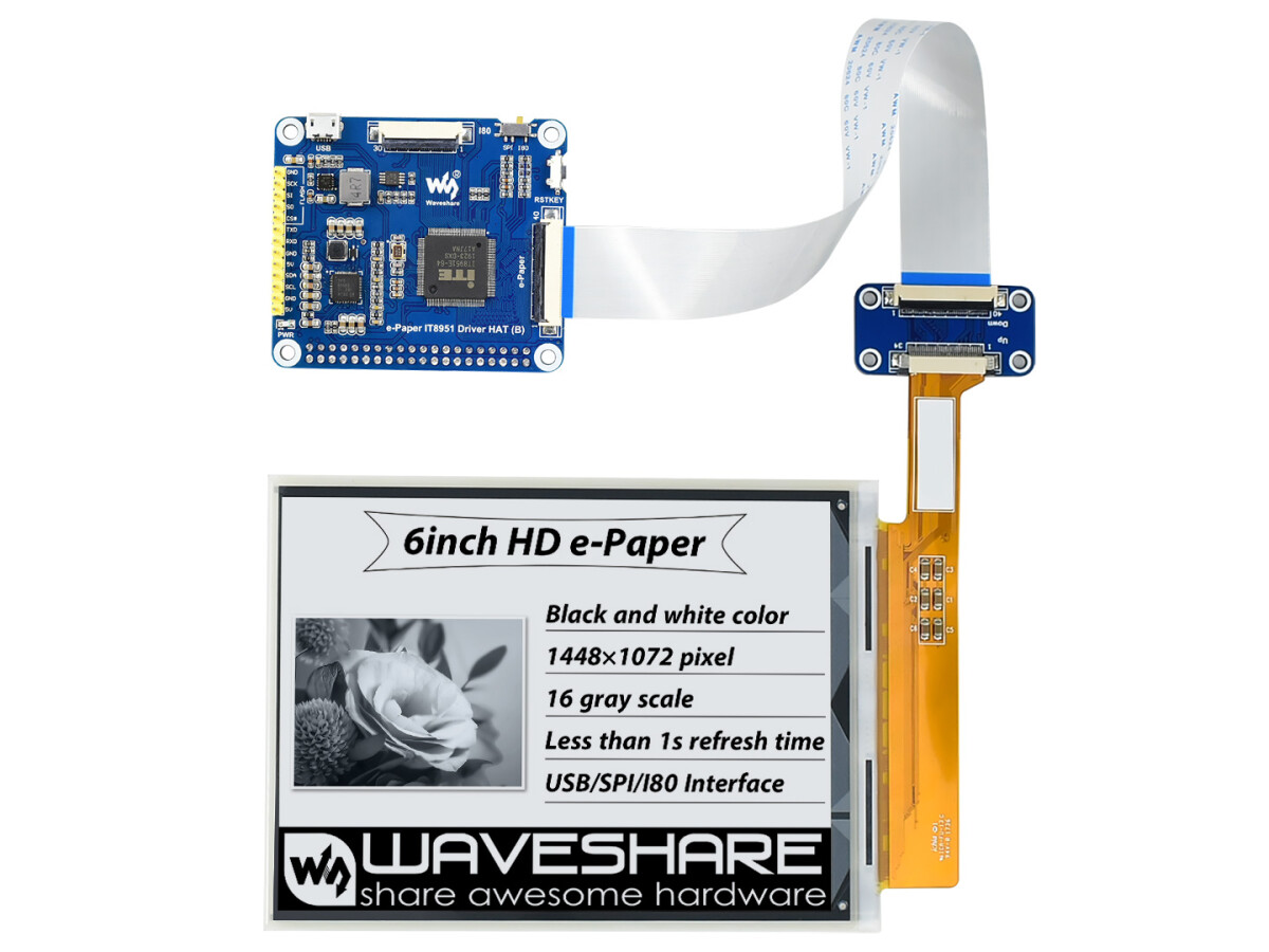 WaveShare 1448×1072 højopløsning, 6 tommer E-Ink display HAT til Raspberry Pi