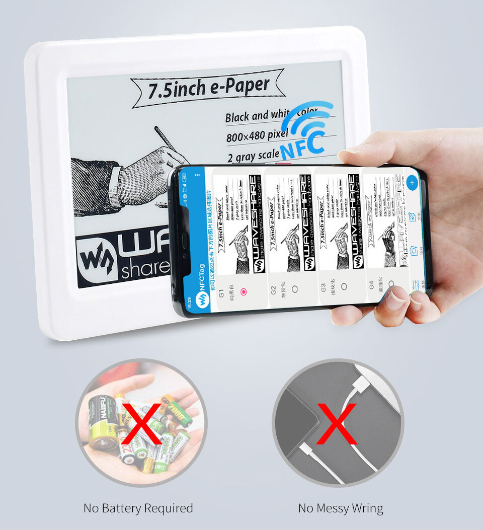 WaveShare 7,5 Zoll passiv NFC-drevet e-Papir, ingen batteri