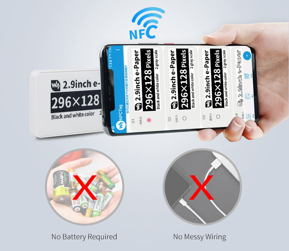 WaveShare 2,9 Zoll passiv NFC-drevet e-papir 296x128, ingen batteri