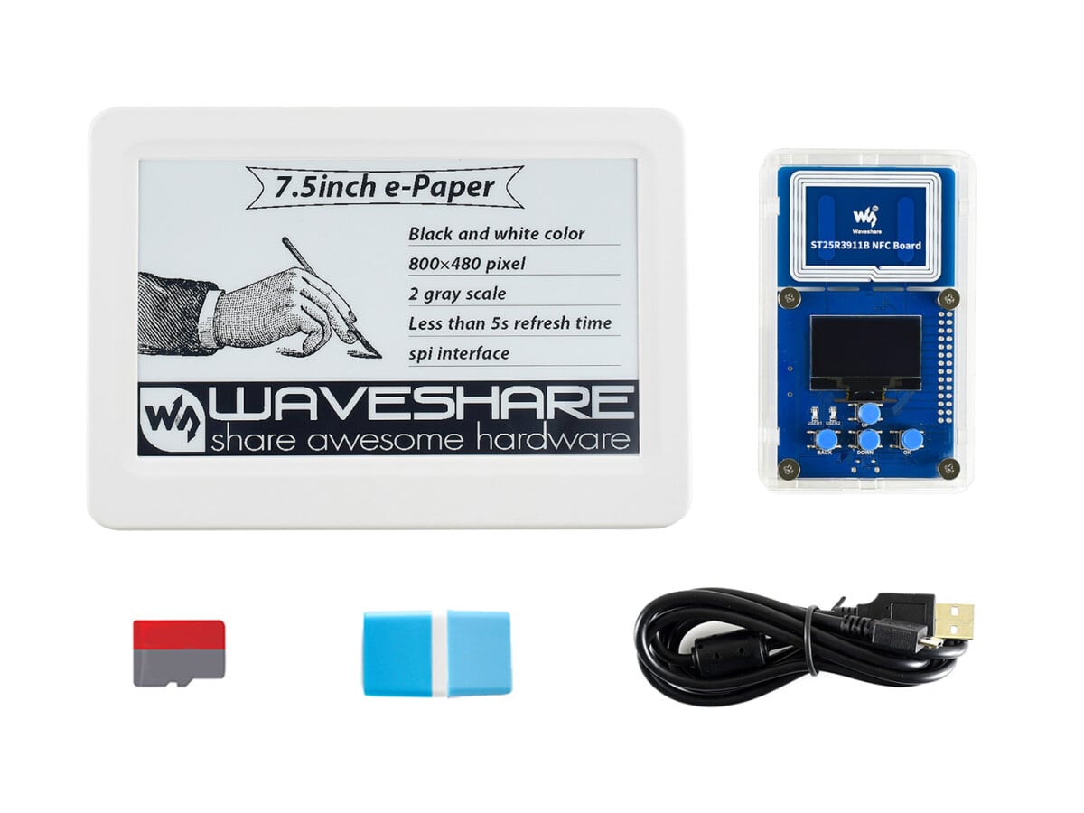 WaveShare 7,5 Zoll NFC-betjent e-Papir Evaluationssæt, trådløs strømforsyning og datatransmission