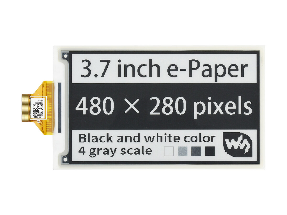WaveShare 3,7 Zoll ePaper e-Ink rådisplay, 480×280, sort/hvid, 4 gråtoner, SPI, uden PCB