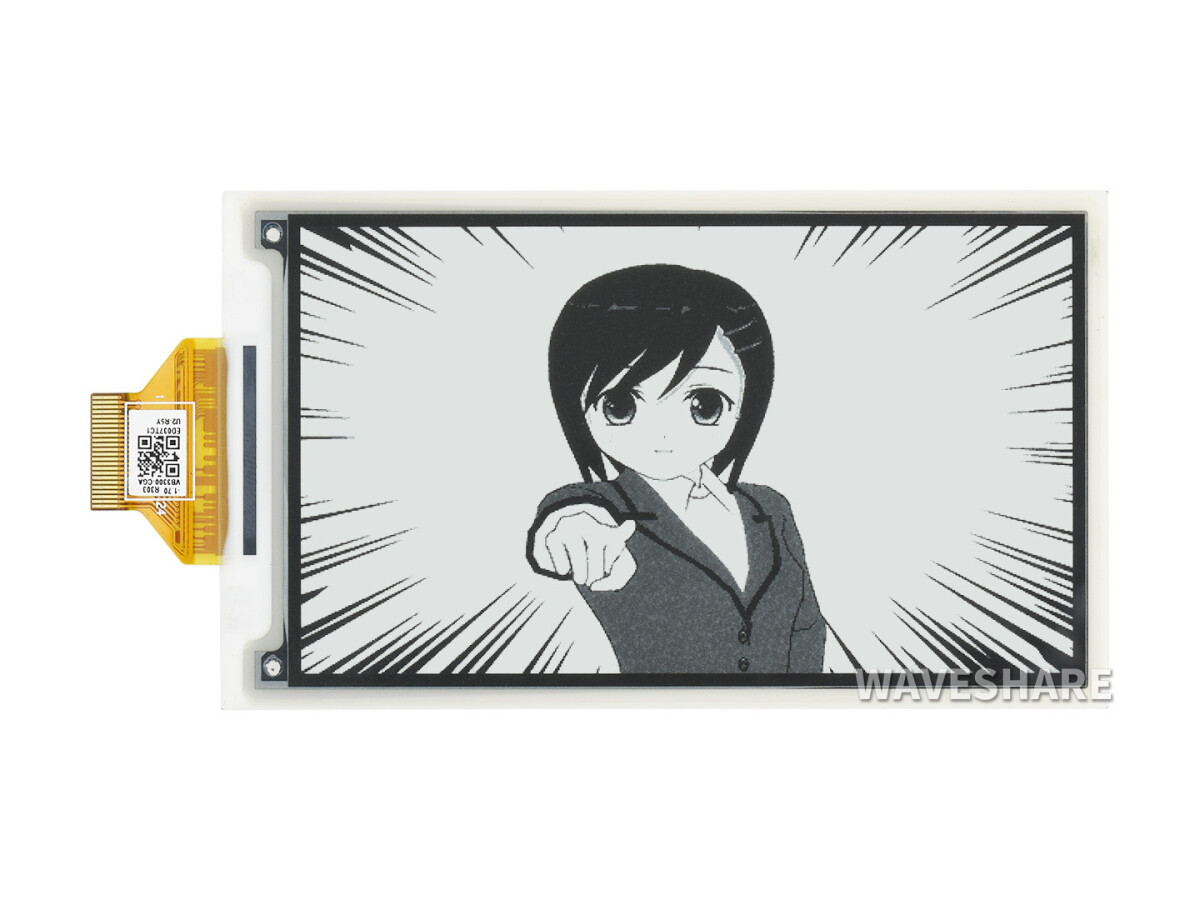 WaveShare 3,7 Zoll ePaper e-Ink rådisplay, 480×280, sort/hvid, 4 gråtoner, SPI, uden PCB
