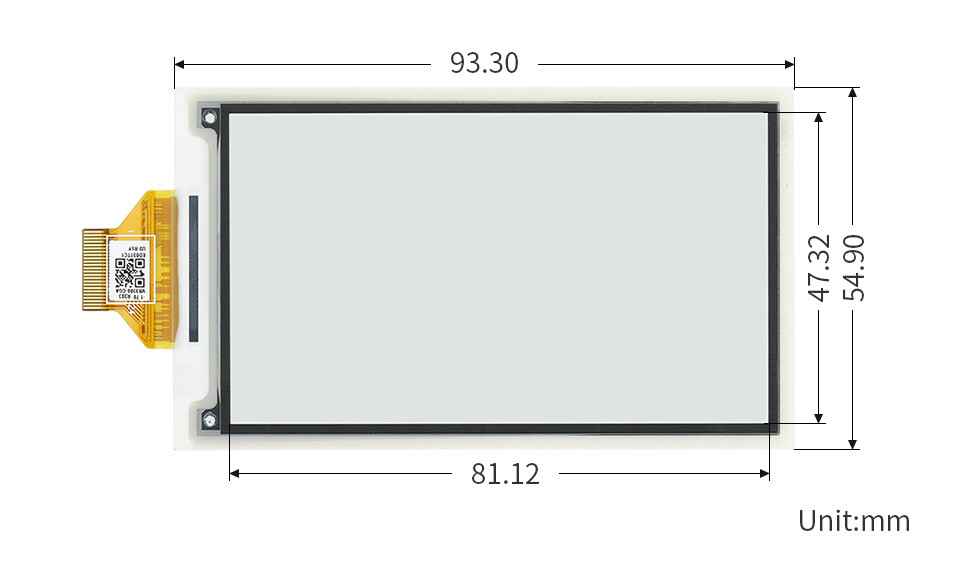 WaveShare 3,7 Zoll ePaper e-Ink rådisplay, 480×280, sort/hvid, 4 gråtoner, SPI, uden PCB