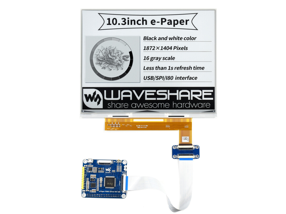 WaveShare 10,3 Zoll ePaper e-Ink Display HAT til Raspberry Pi, 1872×1404, sort/hvid, 16 gråtoner, USB / SPI / I80