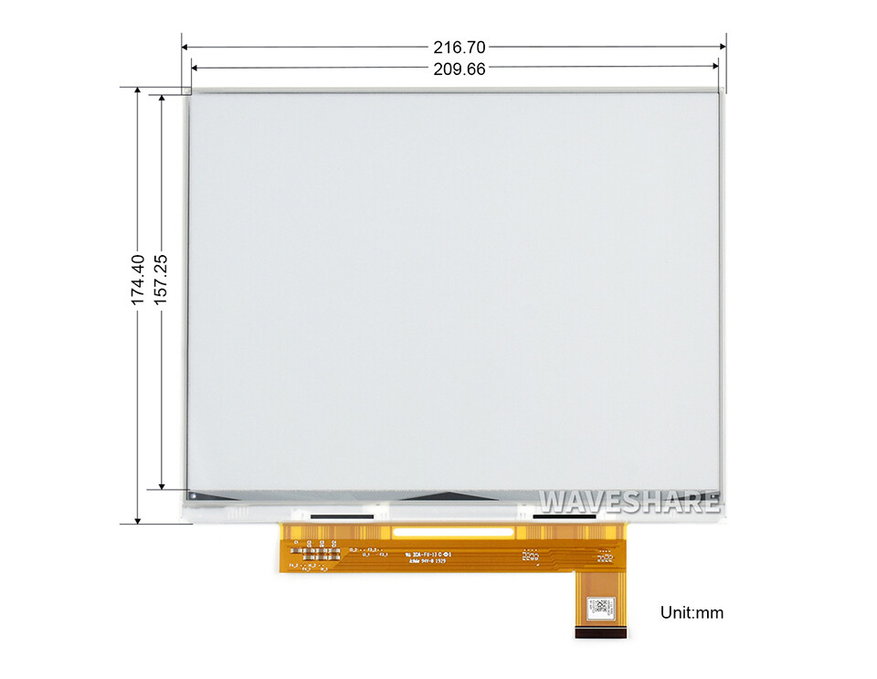 WaveShare 10,3 Zoll ePaper e-Ink Display HAT til Raspberry Pi, 1872×1404, sort/hvid, 16 gråtoner, USB / SPI / I80