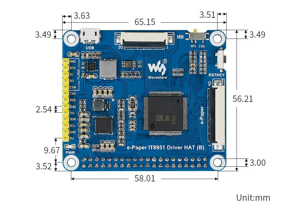 WaveShare 10,3 Zoll ePaper e-Ink Display HAT til Raspberry Pi, 1872×1404, sort/hvid, 16 gråtoner, USB / SPI / I80