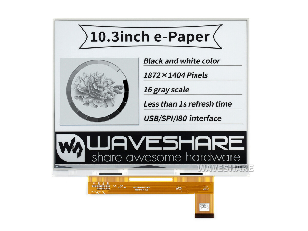 WaveShare 10,3 Zoll ePaper e-Ink rådisplay, 1872×1404, sort/hvid, 16 gråtoner, parallelport, uden PCB