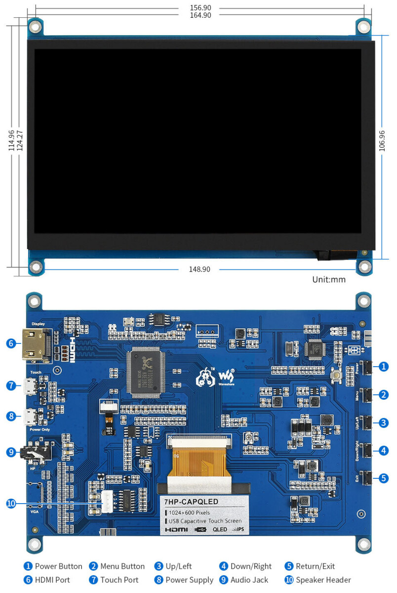 WaveShare 7-tommer QLED Quantum Dot Display, Kapacitivt touch, 1024×600, G+G forstærket glaspanel, Støtte til forskellige systemer