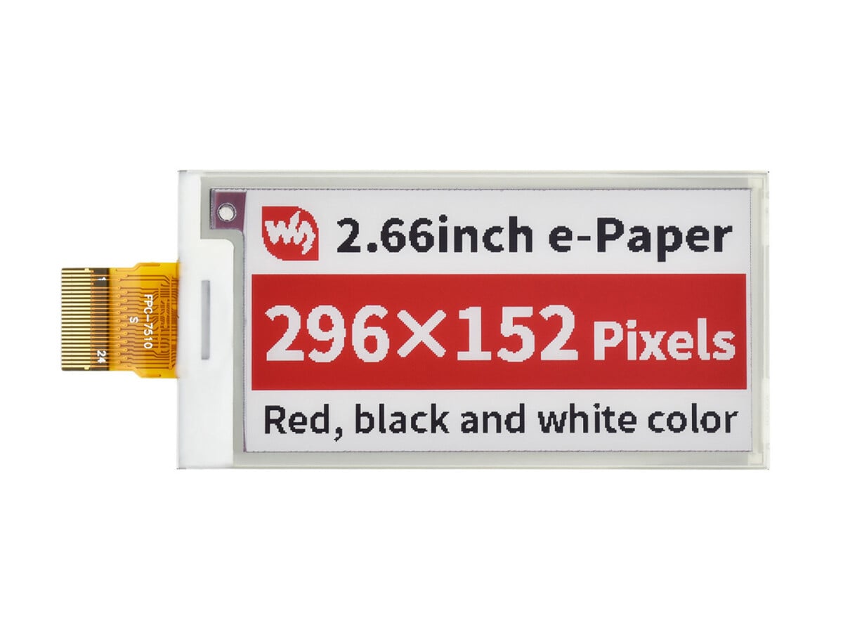 WaveShare 2,66 Zoll E-Paper (B) E-Ink rådisplay, 296x152, Rød / Sort / Hvid, SPI, uden PCB