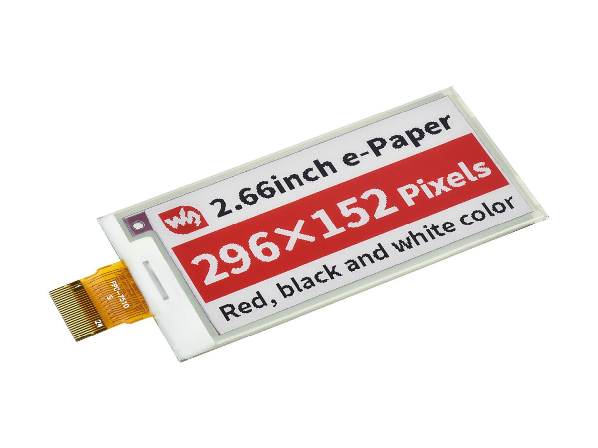WaveShare 2,66 Zoll E-Paper (B) E-Ink rådisplay, 296x152, Rød / Sort / Hvid, SPI, uden PCB