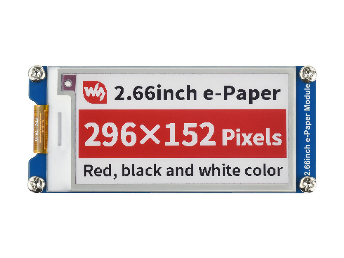 WaveShare 2,66 Zoll E-Paper E-Ink Display Modul (B), 296×152, Rød / Sort / Hvid, SPI