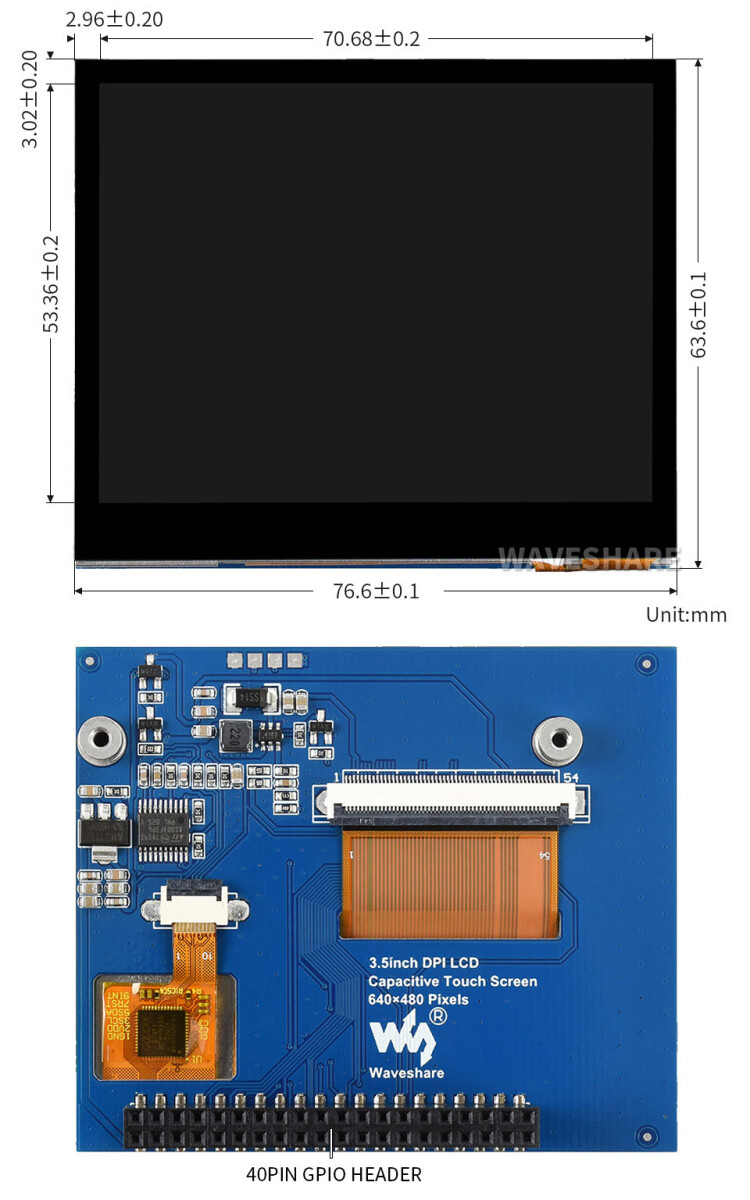 WaveShare 3,5 Zoll kapassitiv berøringsskærm LCD til Raspberry Pi, 640×480, DPI, IPS, forstærket glasdæksel, lavt strømforbrug