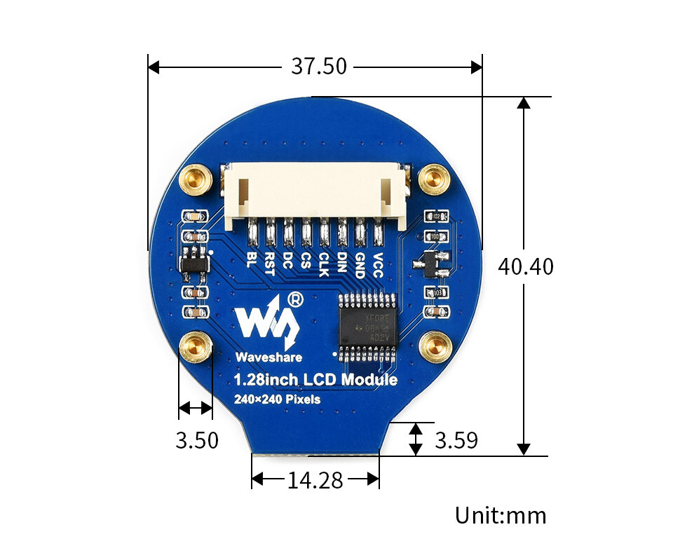 WaveShare 1,28 Zoll Rund LCD-Display Modul 240x240, 65K RGB til Arduino/Raspberry Pi