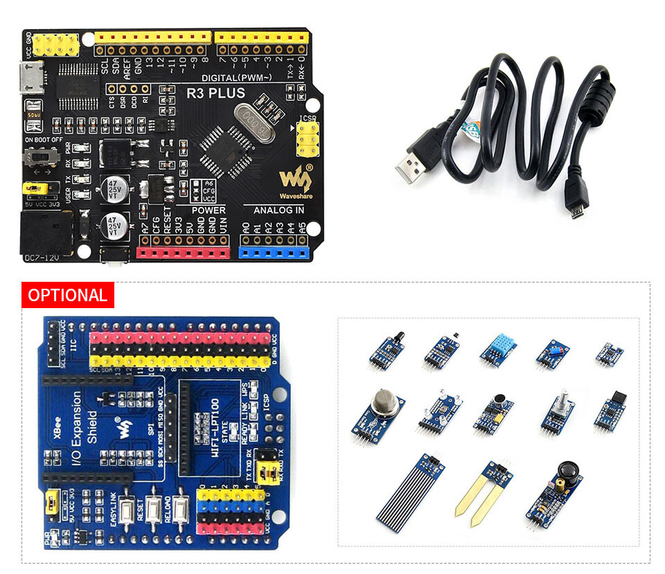 WaveShare ATMEGA328P Mikrocontroller Udviklingskort med IO-udvidelse og sensorer til Arduino
