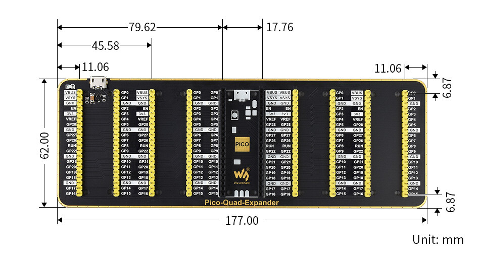 WaveShare Quad GPIO Expander til Raspberry Pi Pico, Fire sæt med hanstik, USB-strømstik