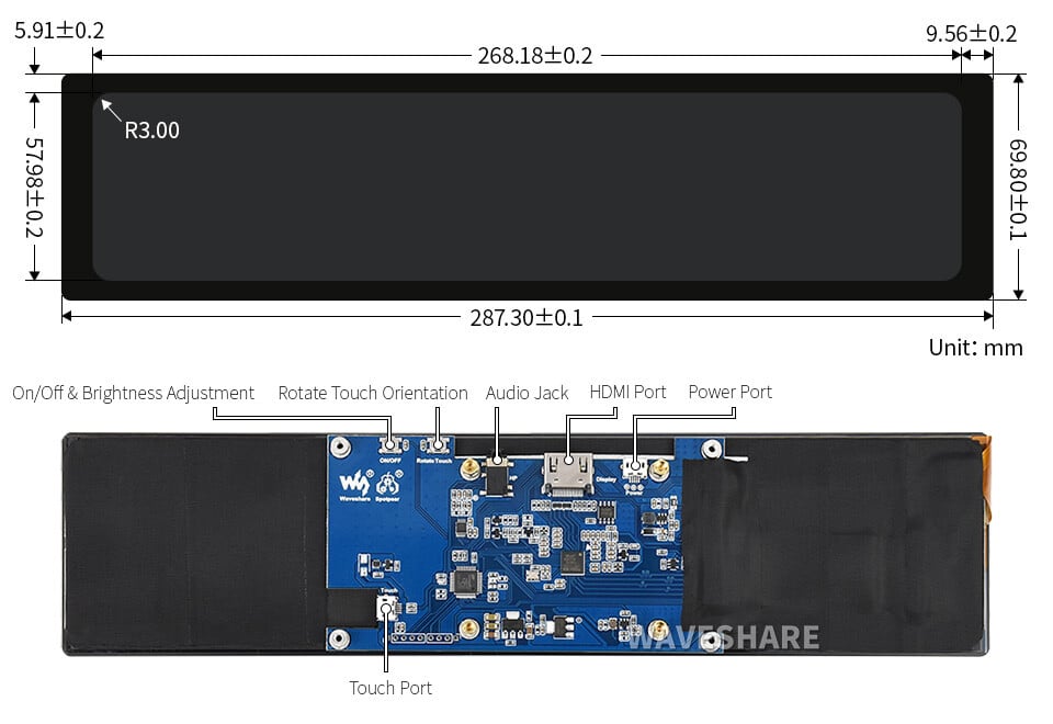 WaveShare 11,9 Zoll Kapazitiver Touchscreen LCD 320x1480 HDMI IPS Verstærket Glasdæksel