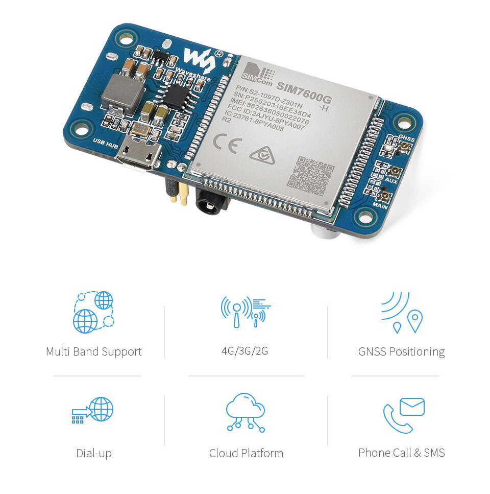 WaveShare SIM7600G-H 4G HAT (B) til Raspberry Pi, LTE Cat-4 4G 3G 2G GNSS-positionering, globalt bånd