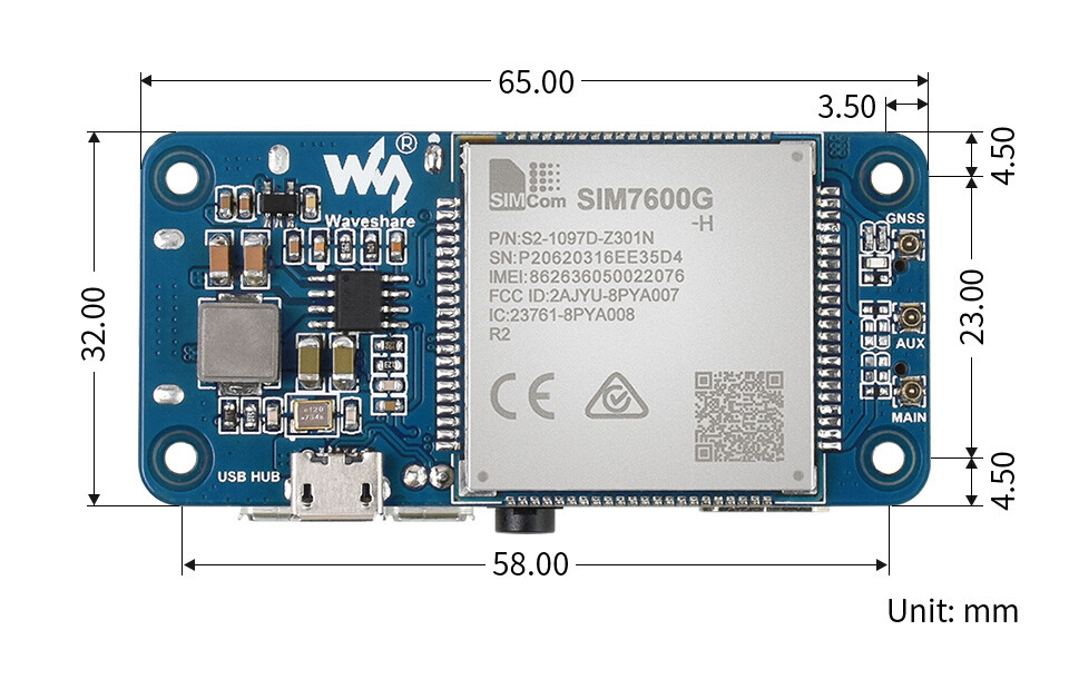 WaveShare SIM7600G-H 4G HAT (B) til Raspberry Pi, LTE Cat-4 4G 3G 2G GNSS-positionering, globalt bånd