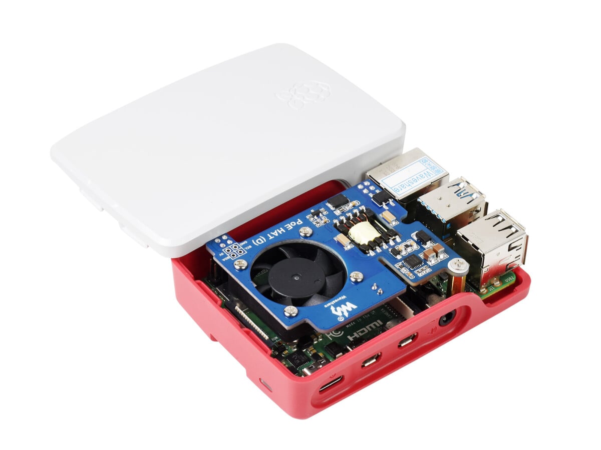 WaveShare Power over Ethernet HAT (D) til Raspberry Pi 3B+/4B, 802.3af-kompatibel, Kompatibel med officiel kabinet