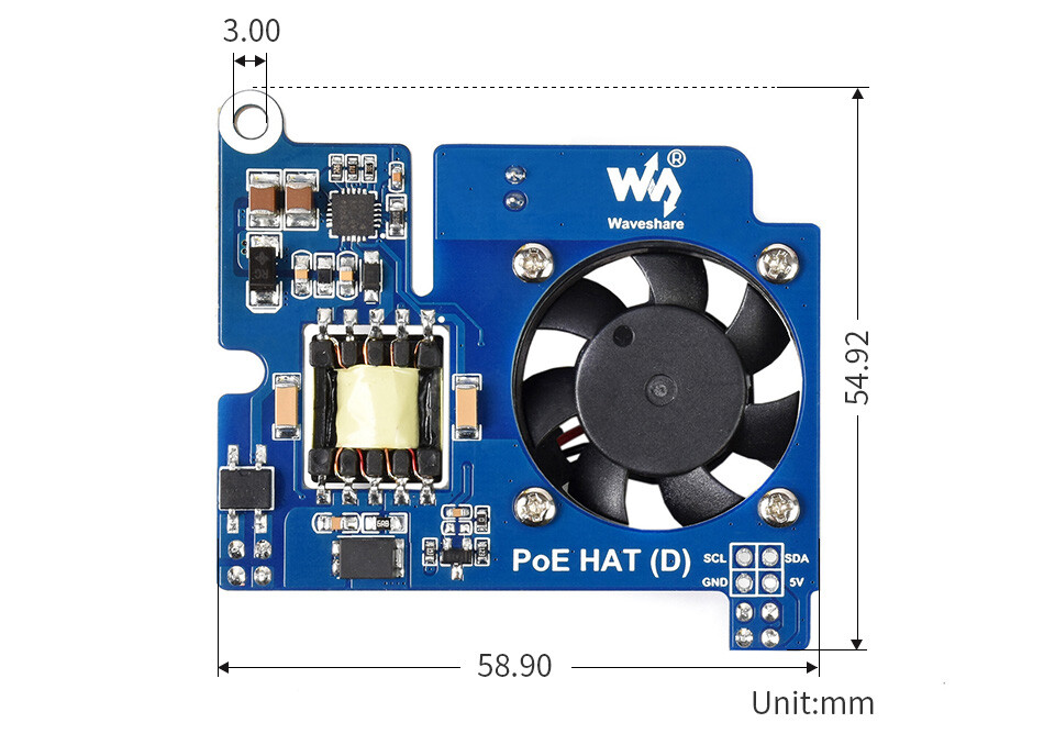 WaveShare Power over Ethernet HAT (D) til Raspberry Pi 3B+/4B, 802.3af-kompatibel, Kompatibel med officiel kabinet