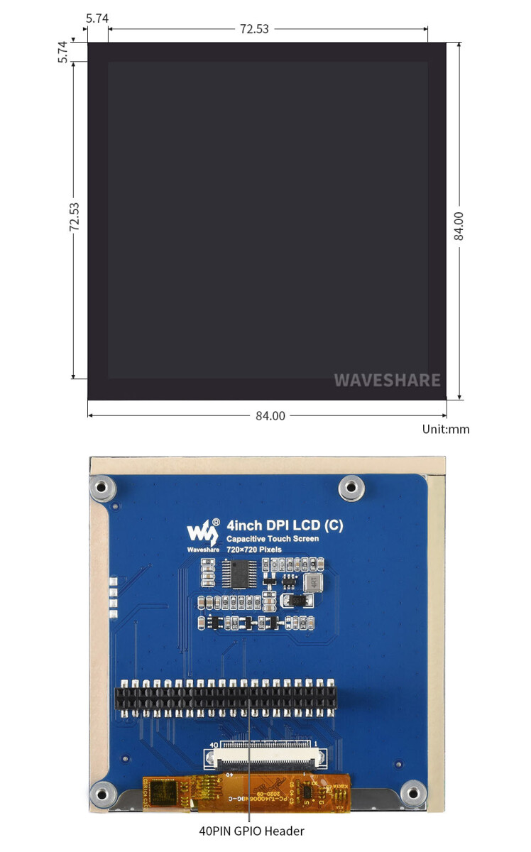 WaveShare 4-tommers firkantet kapacitivt touchskærm LCD (C) til Raspberry Pi, 720x720, DPI, IPS, Forstærket glasdækning, Lav strømforbrug