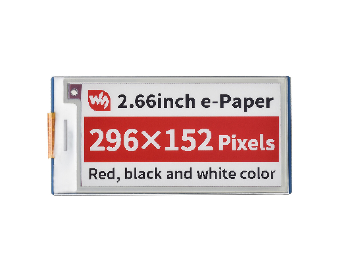 WaveShare 2,66 Zoll E-Paper E-Ink Display Modul (B) til Raspberry Pi Pico, 296×152, Rød / Sort / Hvid, SPI