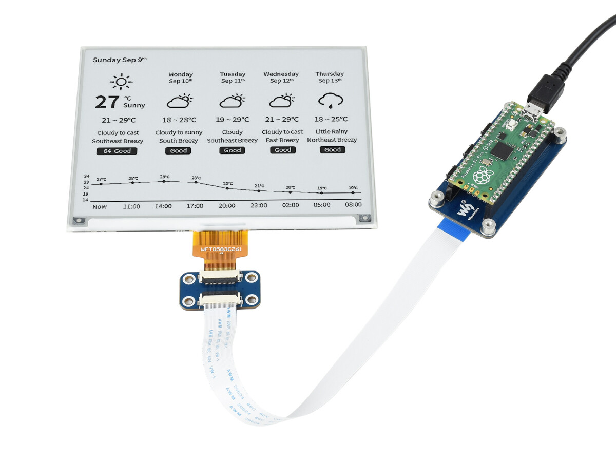 WaveShare 5,83 Zoll E-Paper E-Ink Display Modul für Raspberry Pi Pico 648x480 Schwarz Weiß SPI