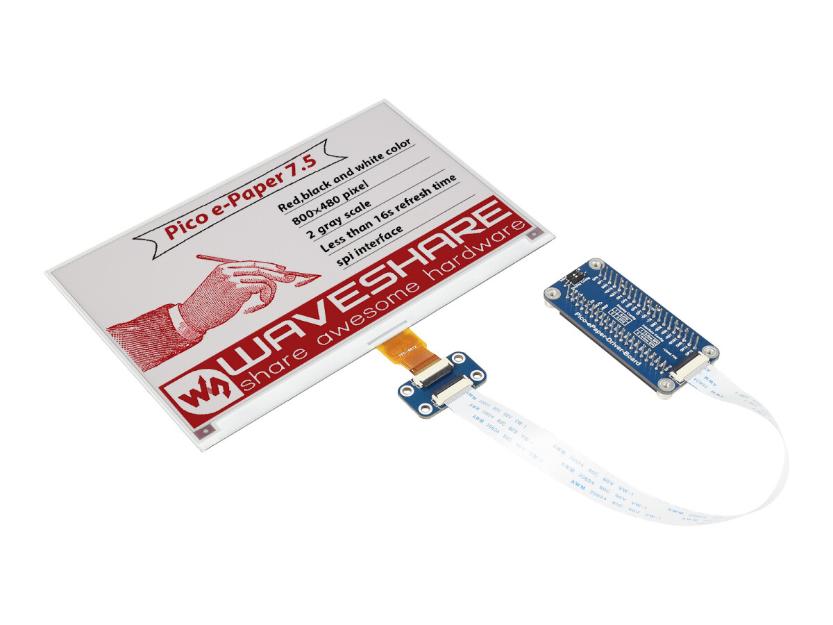 WaveShare 7,5 Zoll E-Paper E-Ink Display Modul (B) til Raspberry Pi Pico 800x480 Rød Sort Hvid SPI