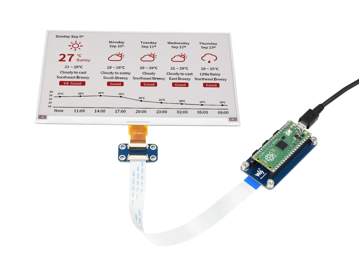 WaveShare 7,5 Zoll E-Paper E-Ink Display Modul (B) til Raspberry Pi Pico 800x480 Rød Sort Hvid SPI