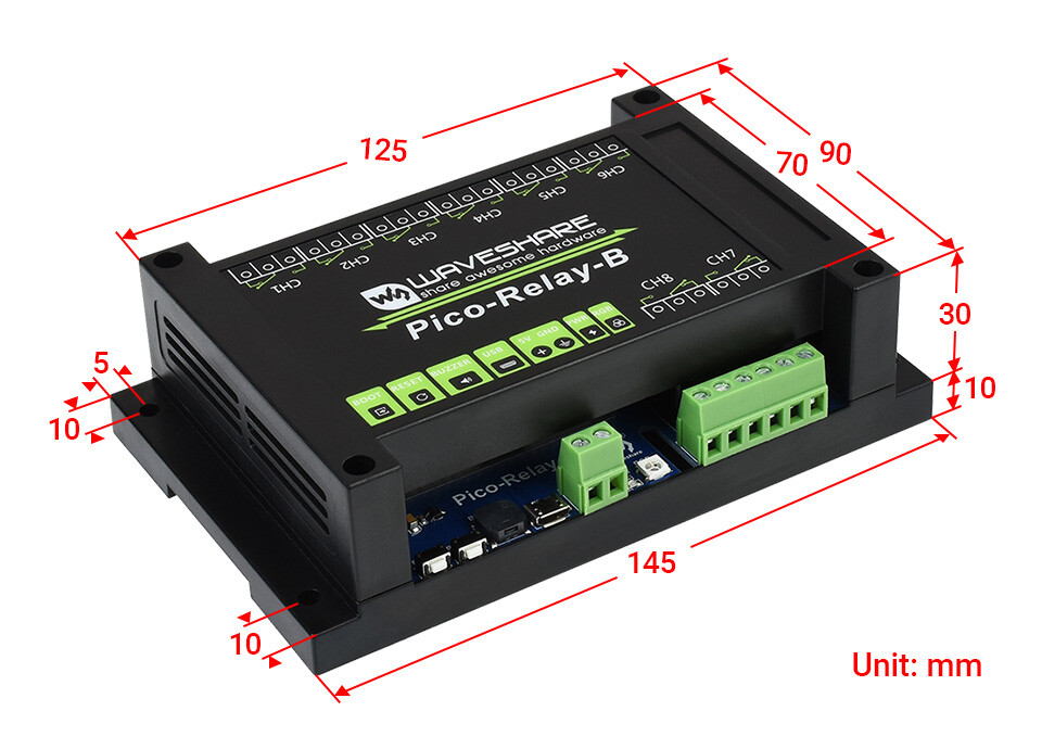 WaveShare Pico-Relay-B Industrielt 8-kanals relæmodul til Raspberry Pi Pico