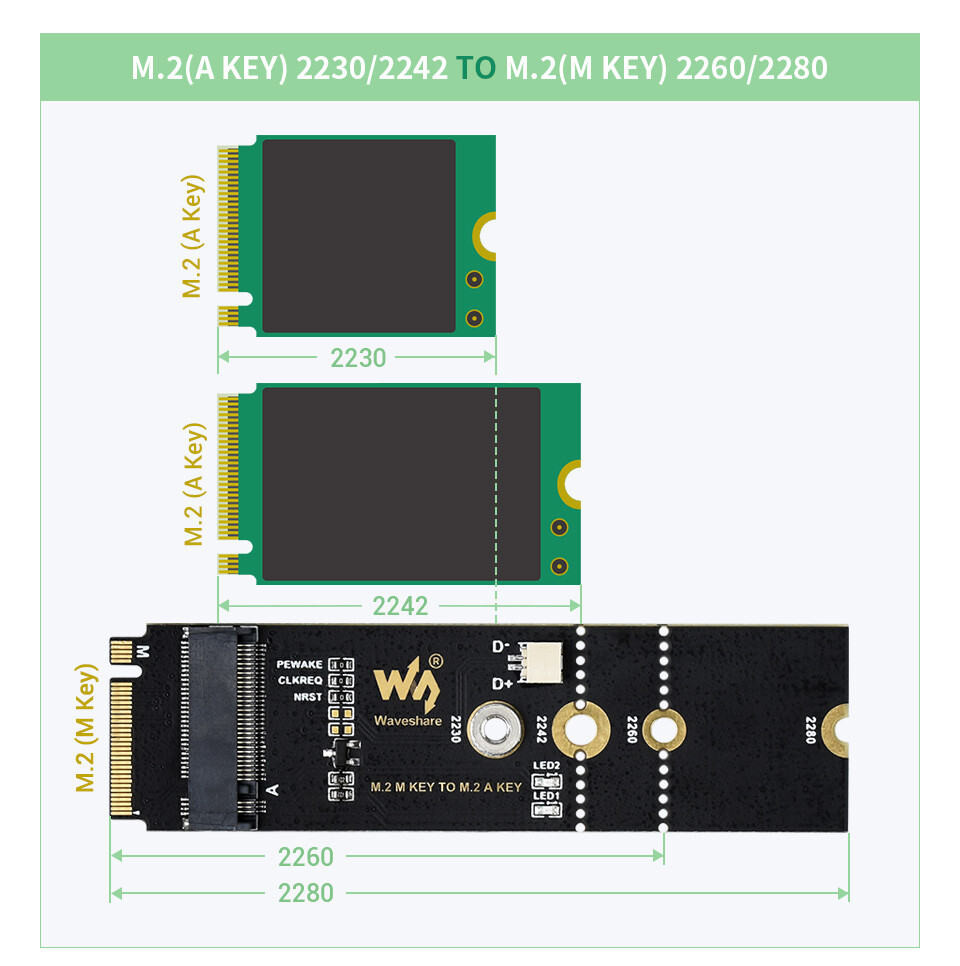 WaveShare M.2 Adapter til PCIe-enheder M KEY til A KEY Understøtter USB-konvertering