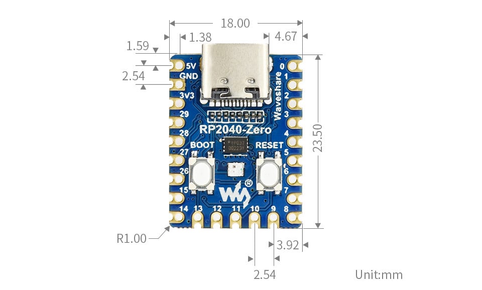 WaveShare RP2040-Zero MCU Board Mini Version Forudsamlet Baseret på Pi Pico