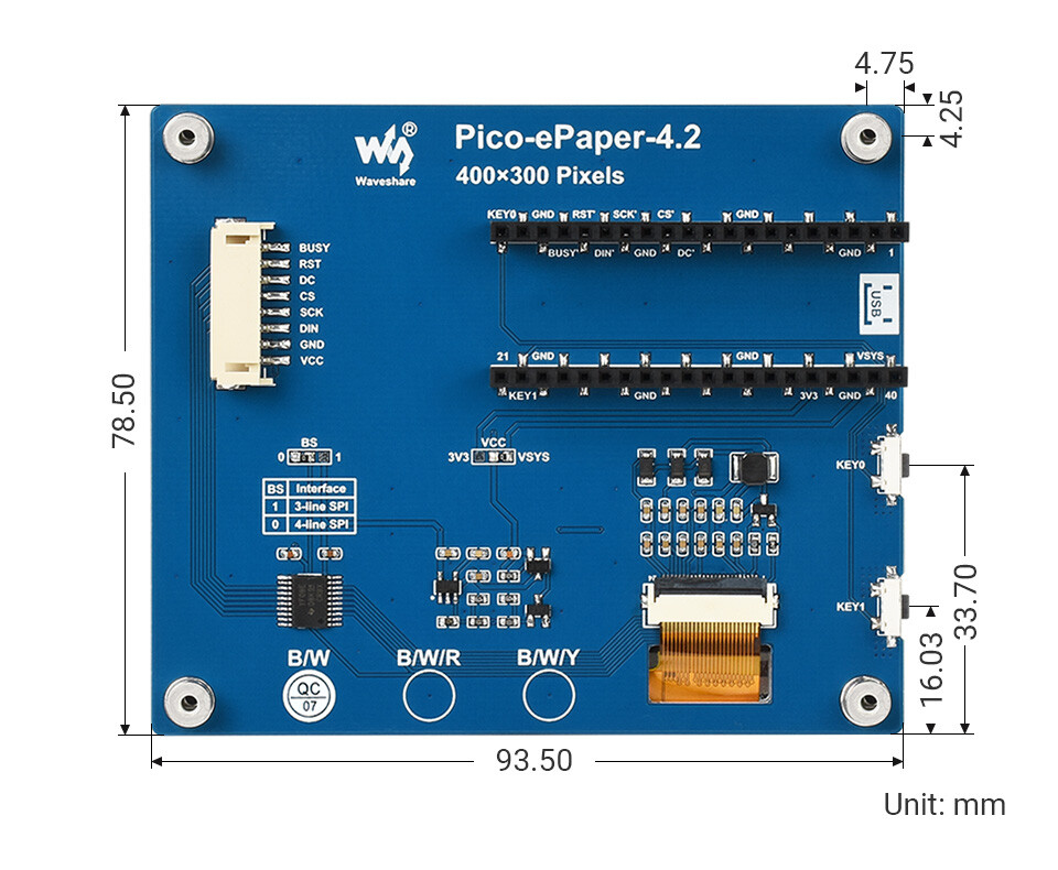 WaveShare 4,2 Zoll E-Paper E-Ink Display Modul til Raspberry Pi Pico 400x300 Sort Hvid 4 Graustone SPI