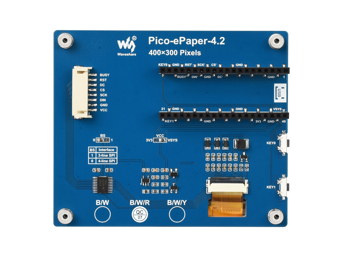 WaveShare 4,2 Zoll E-Paper E-Ink Display Modul (B) til Raspberry Pi Pico 400x300 Rød Sort Hvid SPI