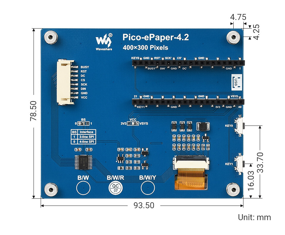 WaveShare 4,2 Zoll E-Paper E-Ink Display Modul (B) til Raspberry Pi Pico 400x300 Rød Sort Hvid SPI