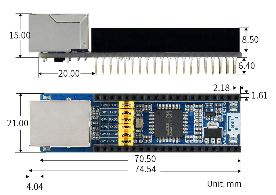 WaveShare Ethernet til UART-konverter til Raspberry Pi Pico, 10/100M Ethernet