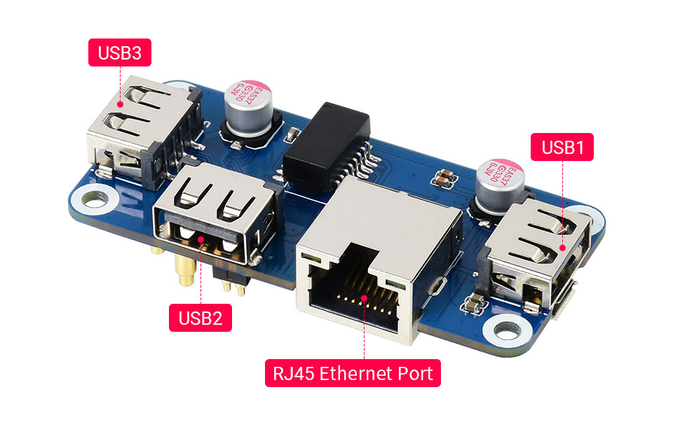 WaveShare Ethernet / USB HUB HAT (B) til Raspberry Pi-serien, 1x RJ45, 3x USB 2.0